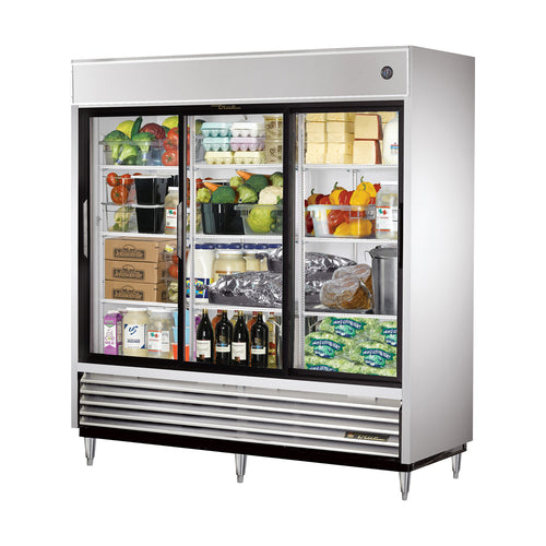 True TSD-69G-HC-LD 78 1/8" Three Section Reach In Refrigerator, (3) Sliding Glass Doors, 115v-cityfoodequipment.com