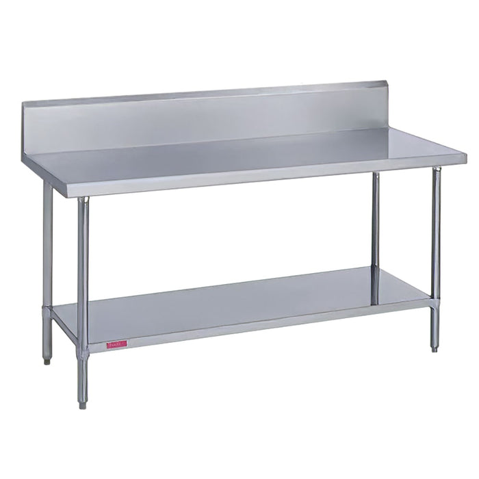 Duke 314-24132-10R 132" 14 Ga Work Table W/ Undershelf & 300 Series Stainless Top, 9 1/2" Backsplash-cityfoodequipment.com