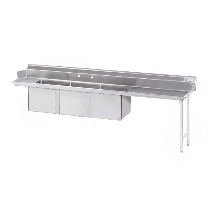 Advance Tabco DTC-3-1824-96RX Dish Table - (3) 18" x 24" x 14" Bowls, 29" Right Drainboard, 16 ga 304 Stainless-cityfoodequipment.com