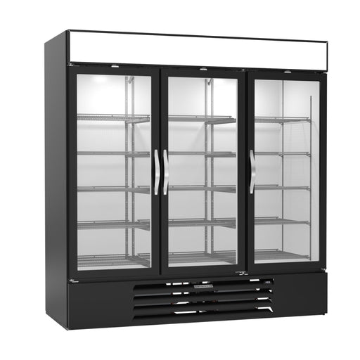 Beverage-Air MMF72HC-1-B 75" Three Section Display Freezer W/ Swing Doors - Bottom Mount Compressor, Black, 230v-cityfoodequipment.com