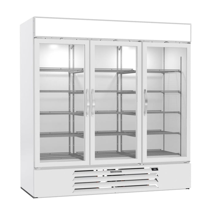 Beverage-Air MMF72HC-1-W 75" Three Section Display Freezer W/ Swing Doors - Bottom Mount Compressor, White, 230v-cityfoodequipment.com