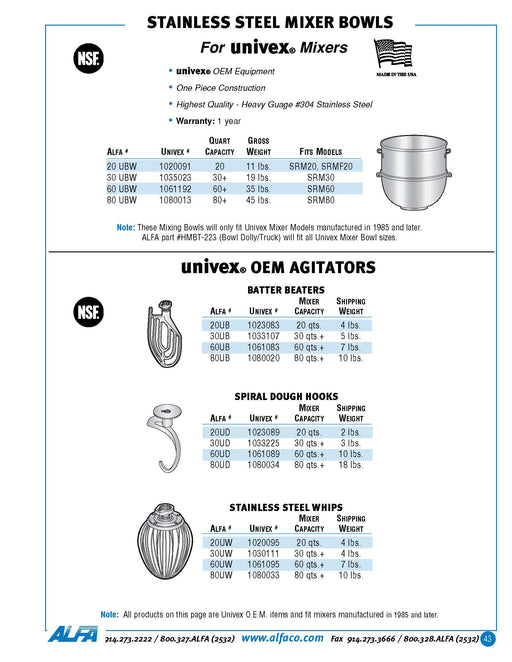 S/S BOWL FOR 20QT '84 & LATER UNIVEX MIXER - FACTORY OEM-cityfoodequipment.com