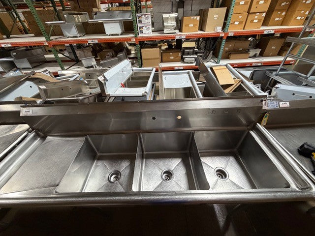 USED 3 COMP SINK WITH LEFT DRAIN  BOARD 76" X 24" x 45"