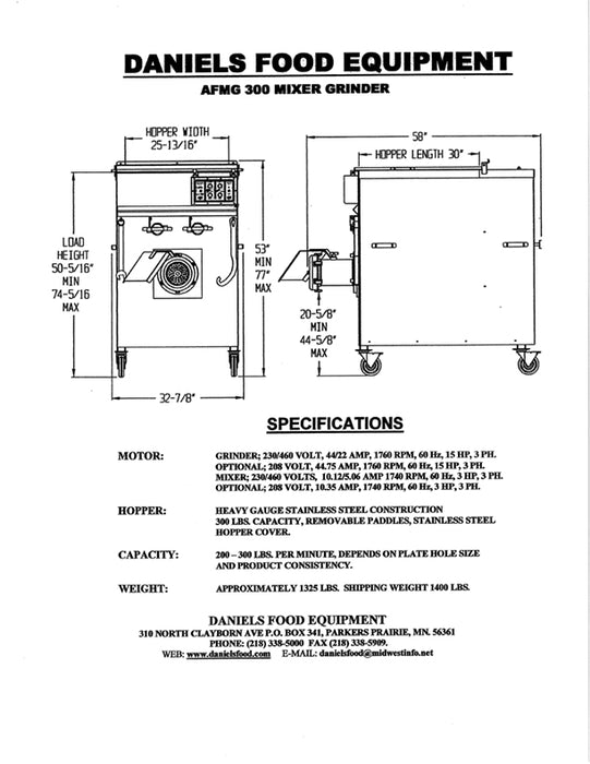 Daniels AFMG 300 Commercial Meat Mixer Grinder, 15HP, 230/460V, 3 Phase-cityfoodequipment.com