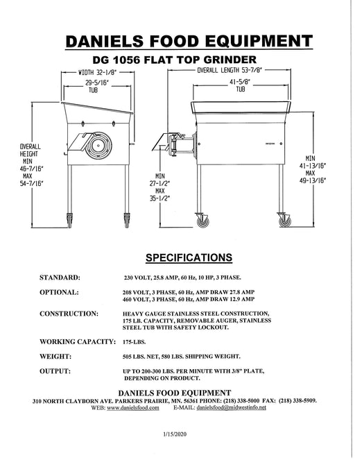 Daniels DG 1056 Flat Top Grinder - Professional Commercial Meat Grinder, 230V, 3 Phase-cityfoodequipment.com