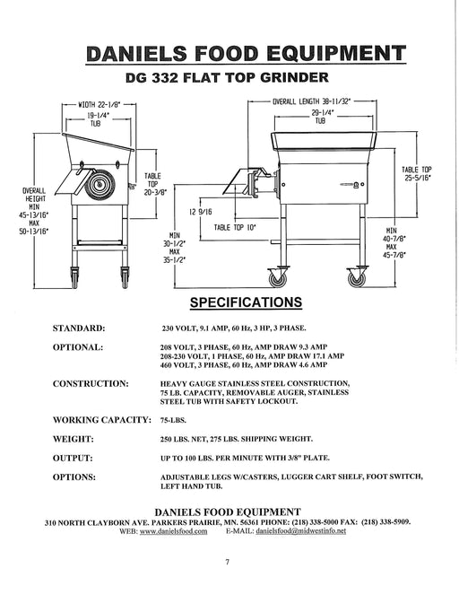 Daniels DG 332 Flat Top Grinder - Professional Commercial Meat Grinder, 230V, 3 Phase-cityfoodequipment.com