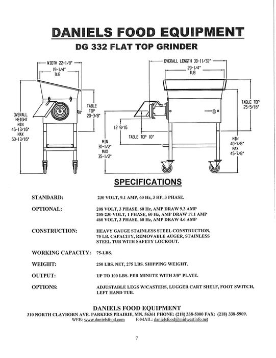 Daniels DG 332 Flat Top Grinder - Professional Commercial Meat Grinder, 230V, 3 Phase-cityfoodequipment.com