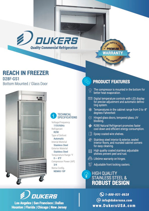 Dukers D28F-GS1 Bottom Mount Glass Single Door Commercial Reach-in Freezer-cityfoodequipment.com