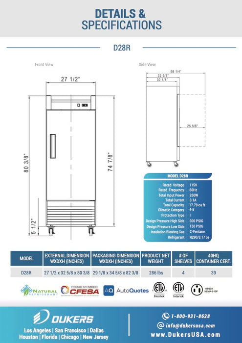 Dukers D28R Single Door Commercial Refrigerator-cityfoodequipment.com