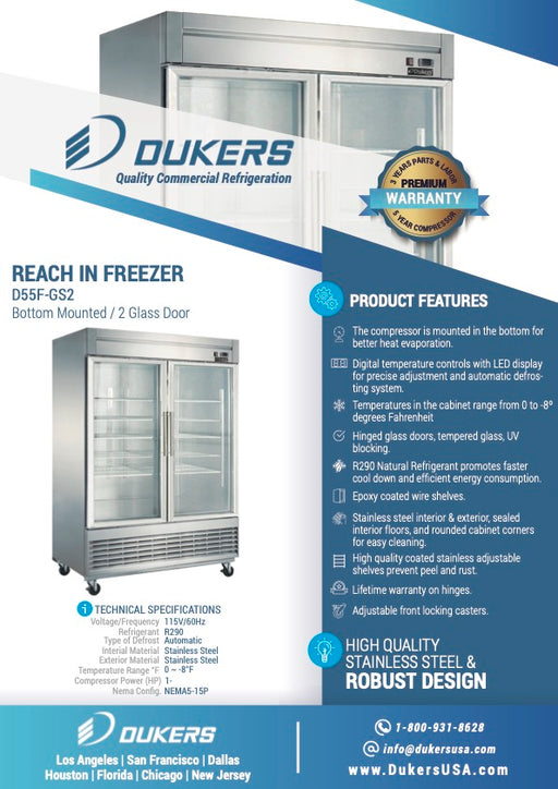 Dukers D55F-GS2 Bottom Mount Glass 2-Door Commercial Reach-in Freezer-cityfoodequipment.com