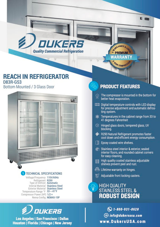 Dukers D83R-GS3 Bottom Mount Glass 3-Door Commercial Reach-in Refrigerator-cityfoodequipment.com