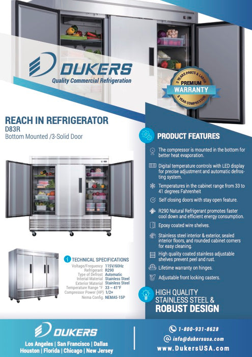 Dukers D83R 3-Door Commercial Refrigerator-cityfoodequipment.com