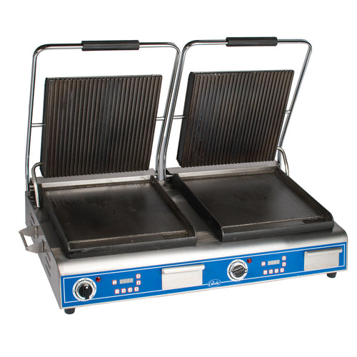 Globe GPGSDUE14D Double Commercial Panini Press w/ Cast Iron Grooved & Smooth Plates, 208-240v/1ph-cityfoodequipment.com