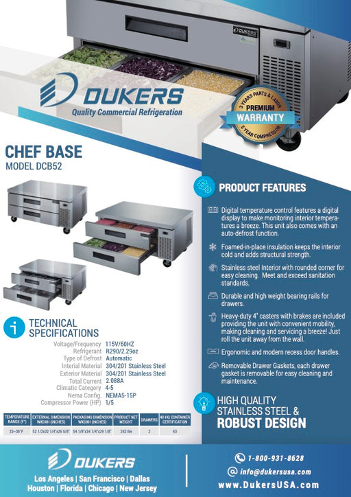 Dukers DCB52-D2 - 52" Chef Base Refrigerator with 2 Drawers-cityfoodequipment.com