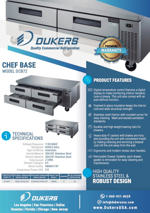 Dukers DCB72-D4 - 72" Chef Base Refrigerator with 4 Drawers-cityfoodequipment.com