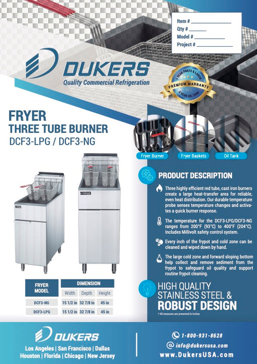 Dukers DCF3-LP - 40 LB. Natural Gas Fryer with 3 Tube Burners-cityfoodequipment.com