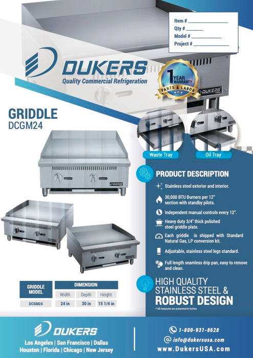 Dukers DCGM24 24 in. W Griddle with 2 Burners-cityfoodequipment.com