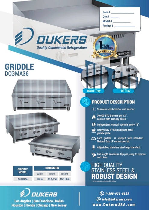 Dukers DCGMA36 36" - 1". W Griddle with 3 Burners-cityfoodequipment.com