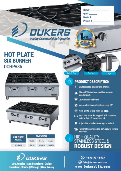 Dukers DCHPA36 Hot Plate with 6 Open Burners-cityfoodequipment.com