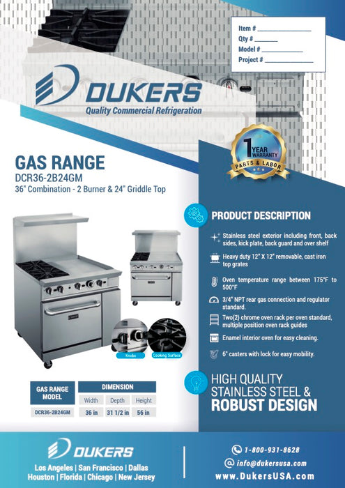 Dukers DCR36-2B24GM 36″ Gas Range with Two (2) Open Burners & 24″ Griddle-cityfoodequipment.com