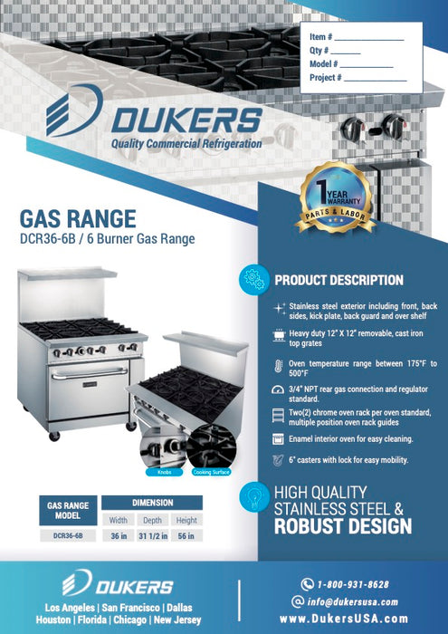 Dukers DCR36-6B 36″ Gas Range with Six (6) Open Burners-cityfoodequipment.com