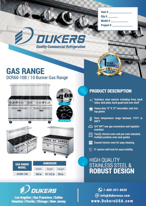 Dukers DCR60-10B 60″ Gas Range with Ten (10) Open Burners-cityfoodequipment.com