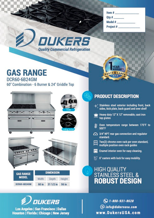Dukers DCR60-6B24GM 60″ Gas Range with Six (6) Open Burners & 24″ Griddle-cityfoodequipment.com