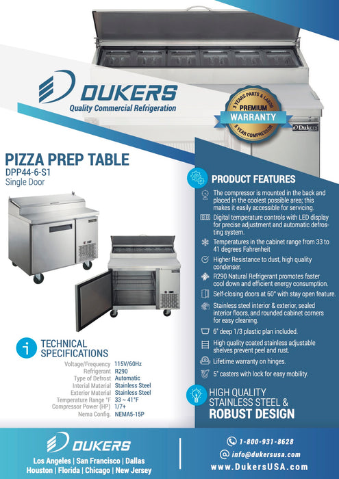 Dukers DPP44-6-S1 Commercial Single Door 44" Pizza Prep Table Refrigerator-cityfoodequipment.com