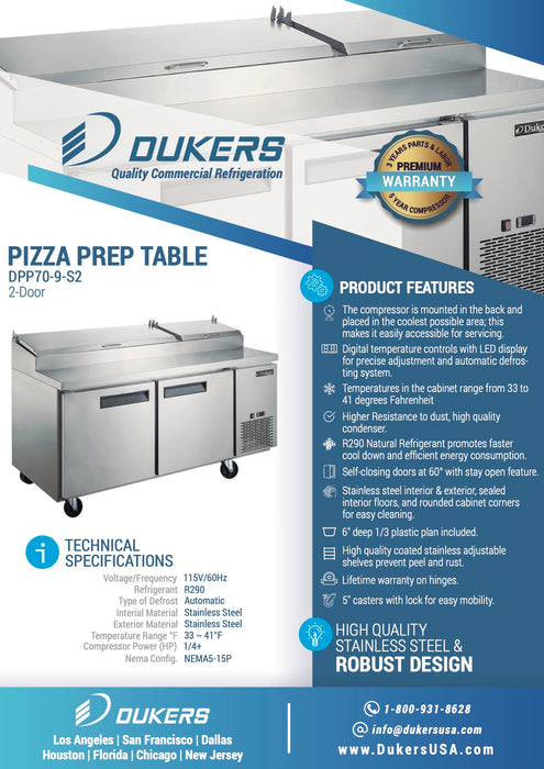 Dukers DPP70-9-S2 Commercial 2-Door 70" Pizza Prep Table Refrigerator-cityfoodequipment.com
