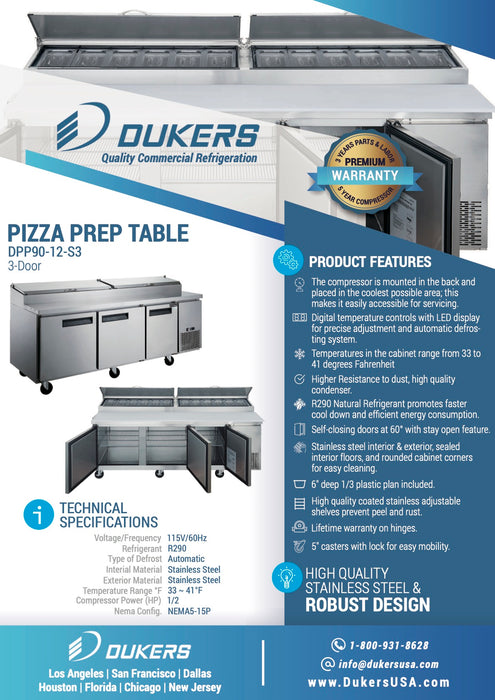 Dukers DPP90-12-S3 Commercial 3-Door 90" Pizza Prep Table Refrigerator-cityfoodequipment.com