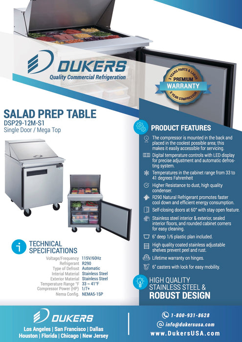 Dukers DSP29-12M-S1 1-Door Commercial 29" Mega Top Sandwich Prep Table-cityfoodequipment.com