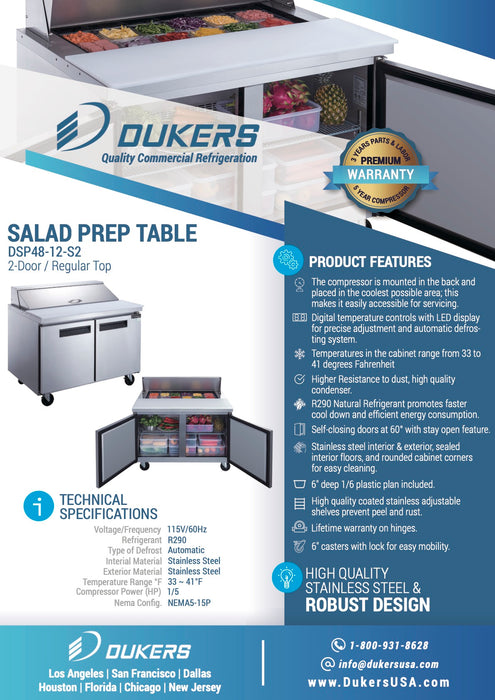 Dukers DSP48-12-S2 2-Door 48" Commercial Food Prep Table Refrigerator in Stainless Steel-cityfoodequipment.com