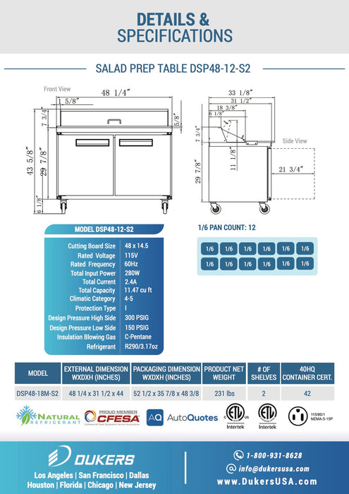 Dukers DSP48-12-S2 2-Door 48" Commercial Food Prep Table Refrigerator in Stainless Steel-cityfoodequipment.com