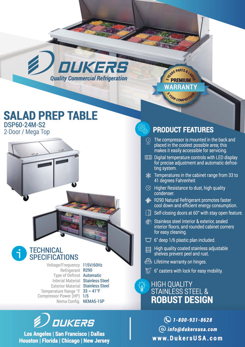 Dukers DSP60-24M-S2 2-Door Commercial 60" Mega Top Sandwich Prep Table-cityfoodequipment.com