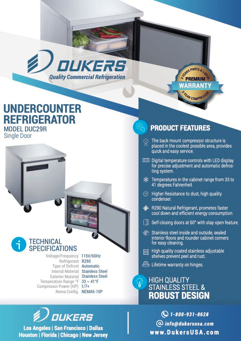 Dukers DUC29R Single Door 29" Undercounter Refrigerator-cityfoodequipment.com