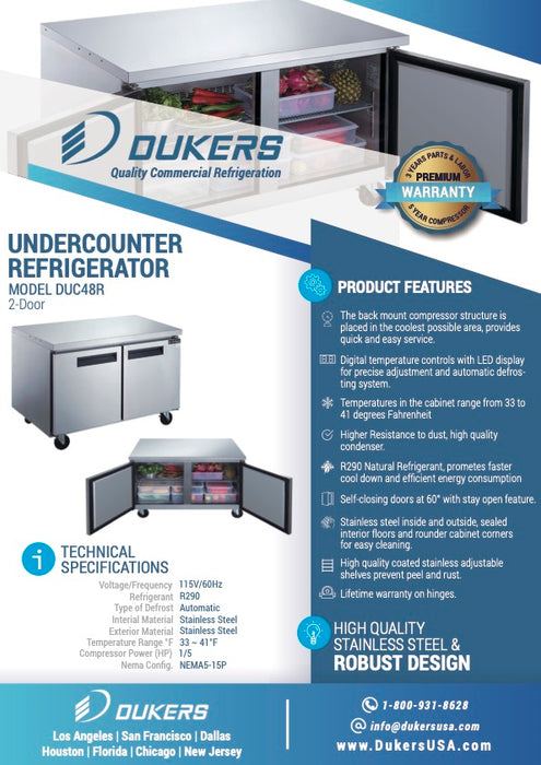 Dukers DUC48R 2-Door 48" Undercounter Refrigerator-cityfoodequipment.com