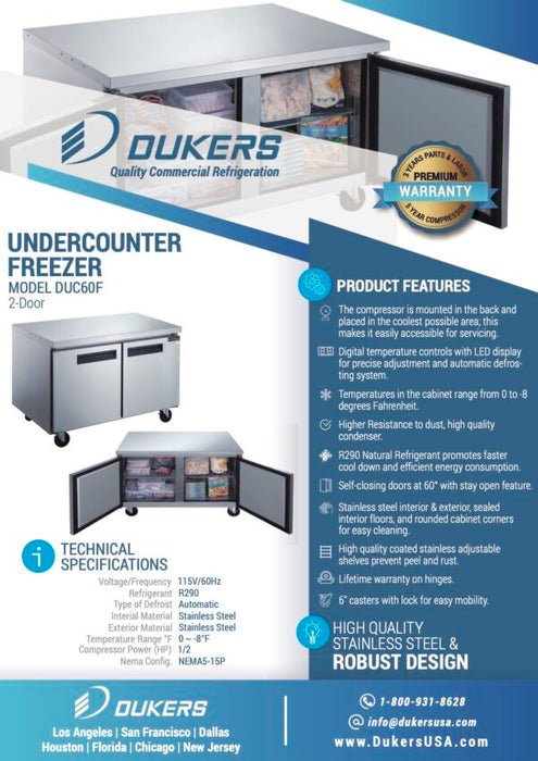 Dukers DUC60F 2-Door 60" Undercounter Commercial Freezer-cityfoodequipment.com