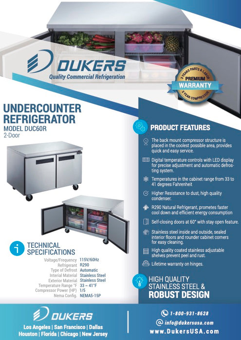 Dukers DUC60R 2-Door 60" Undercounter Commercial Refrigerator-cityfoodequipment.com
