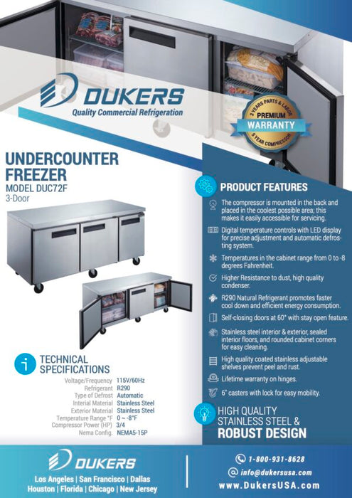 Dukers DUC72F 3-Door 72" Undercounter Commercial Freezer-cityfoodequipment.com