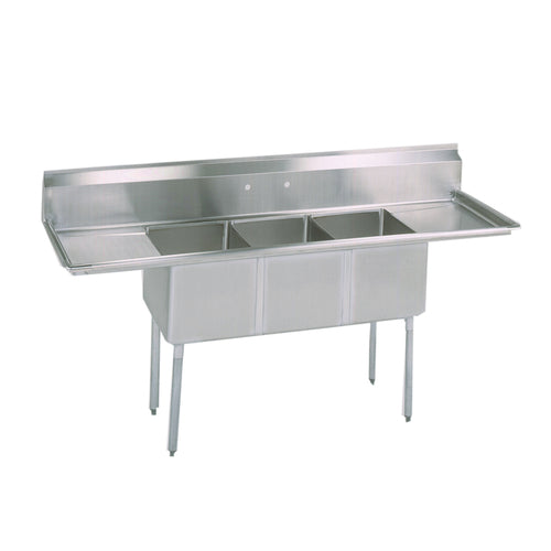 Stainless Steel 3 Compartments Sink w/ Dual 15" Drainboards 15" x 15" x 14" D Bowls-cityfoodequipment.com