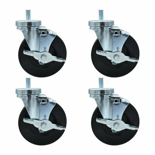 Set of (4) 5" Hard Rubber Wheel 1/2"-13x1" Threaded Stem Swivel Casters With Top Lock Brake-cityfoodequipment.com