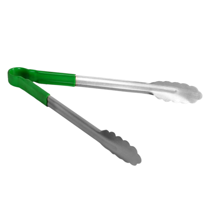 12" STAINLESS TONG, GREEN LOT OF 12 (Ea)-cityfoodequipment.com