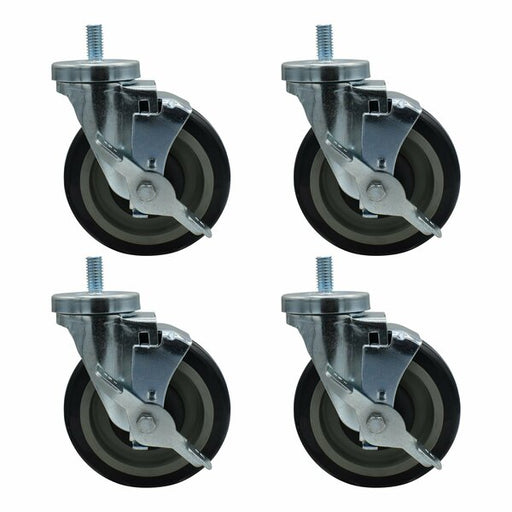 Set of (4) 5" Polyurethane Wheel 1/2"-13x1" Threaded Stem Swivel Casters With Top Lock Brake-cityfoodequipment.com