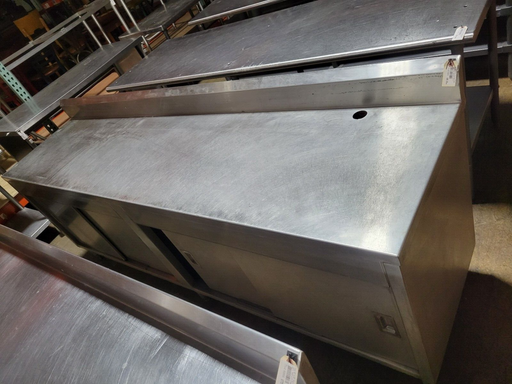 Used 96" x 24" Stainless Steel Work Table Cabinet w/6" Backsplash 4 DR.-cityfoodequipment.com