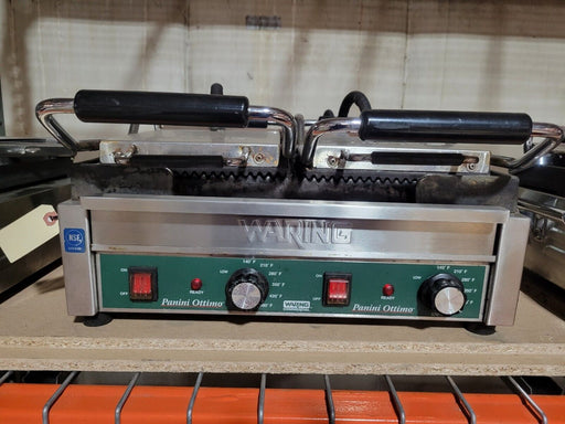 Used Waring WPG300 Double Commercial Panini Press w/ Cast Iron Grooved Plates, 2-cityfoodequipment.com