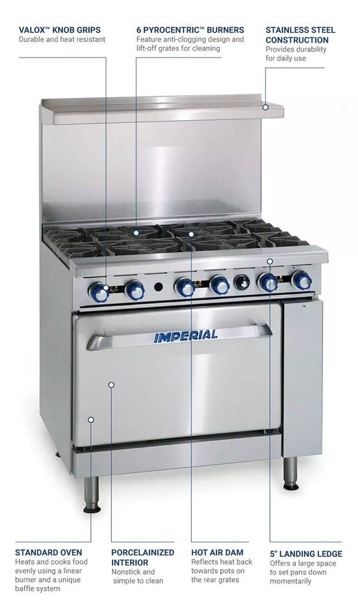 Imperial IR-6 36" Gas Restaurant Range, (1) Standard Oven, (6) Open Burners-cityfoodequipment.com