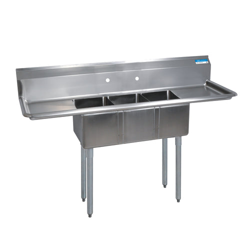 Stainless Steel 3 Compartments Sink Legs & Bracing Dual 12" Drainboards 14" x 16" x 12" D-cityfoodequipment.com