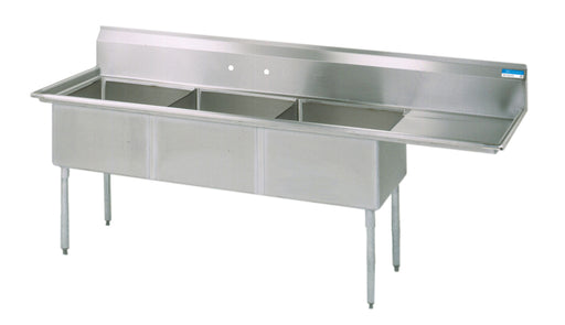 S/S 3 Compartments Sink w/ Right Drainboard 15" x 15" x 14" D Bowls-cityfoodequipment.com