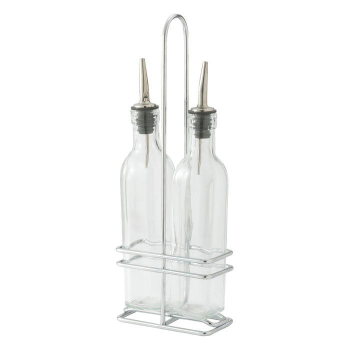 Oil/Vinegar Cruet Set w/Chrome Plated Rack & Two 8oz Bottles (12 Set)-cityfoodequipment.com