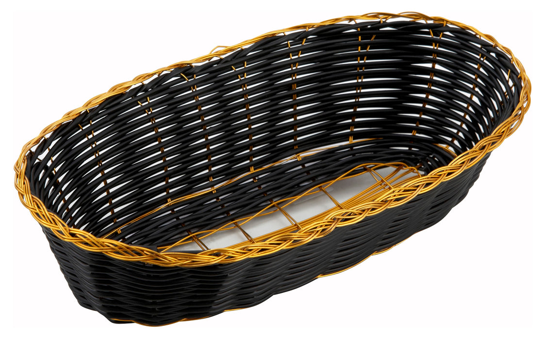 Poly Woven Baskets, Oval, 8-3/4" x 3-7/8" x 2", Black/Gold (12 Dozen)-cityfoodequipment.com